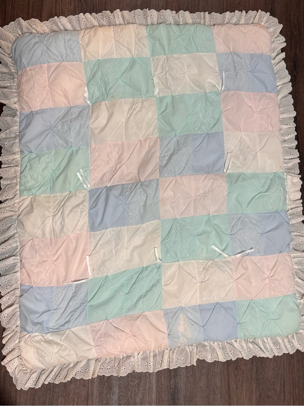 Vintage Glenna Jean Pastel Patchwork Crib Quilt/Tummy Time Mat Lace Ruffle